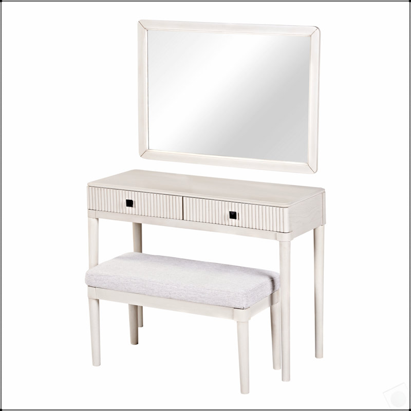 Bureau de coiffeuse moderne avec miroir, 2 grands tiroirs et tabouret, idéal pour le maquillage et le bureau à domicile