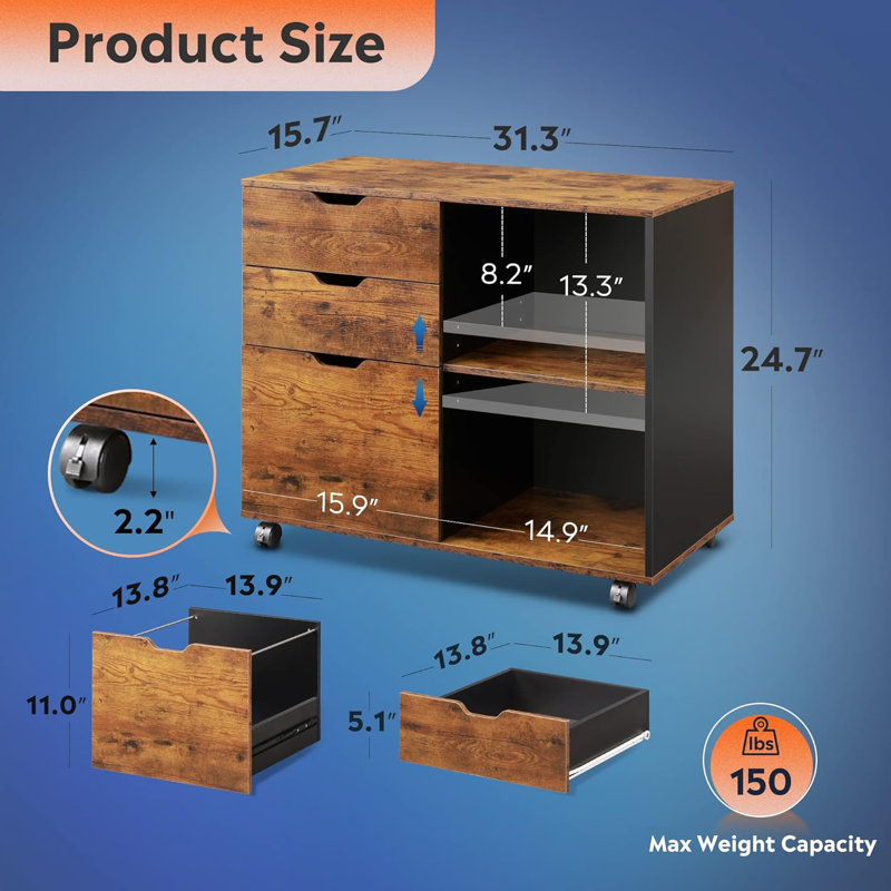 Clutier 31.5" 3-Drawer Lateral Filing Cabinet with Shelves, File Cabinet, Home Office Filing Cabinets, Rustic Brown