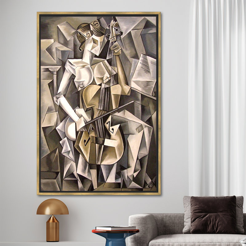 Grande toile murale abstraite représentant une femme jouant du violoncelle dans un style cubiste, H 61 po x l 37 po, Doré