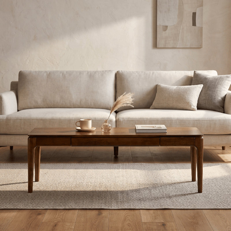 Table basse rectangulaire en bois avec tiroir caché NTC Mingle - imperméable et résistante à la chaleur, Noyer foncé