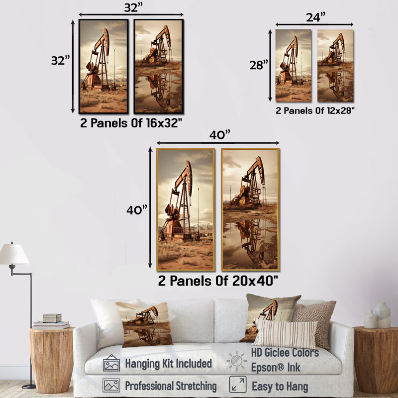 Moderne moderne, champ de forage en sépia, ensemble de 2 impressions sur toile, H 32 po x l 33 po, Cadre flottant noir