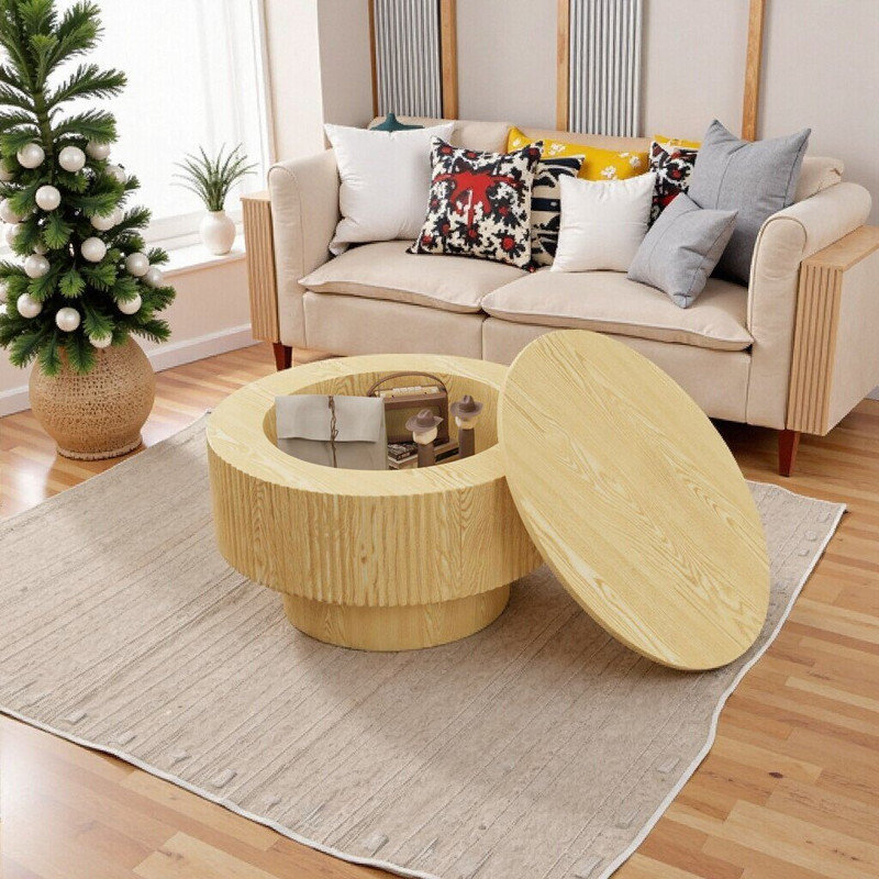 Table basse circulaire en panneau de fibres à densité moyenne avec conception rainurée et rangement dissimulé, Bois naturel