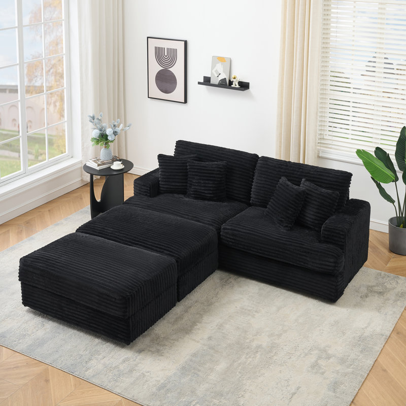89" Modern 3 Seat Sofa Upholstered Corduroy Couch With Throw Pillows And Ottoman Suitable For Living Room, Bedroom, Office