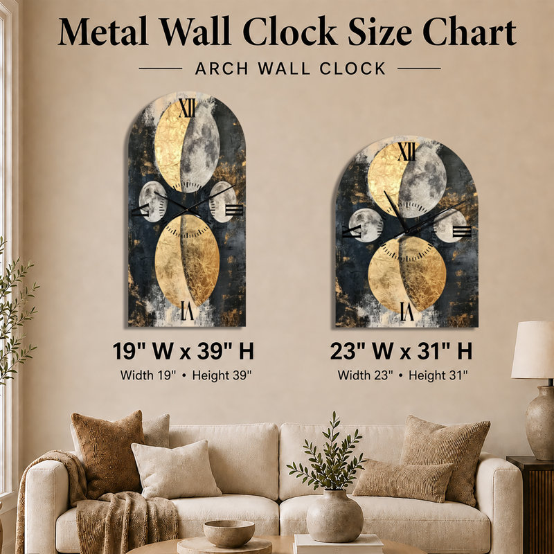 Phases de la Lune sur Papier Doré II - Horloge Murale Céleste Noire Silencieuse en Métal, Imprimée sur Métal