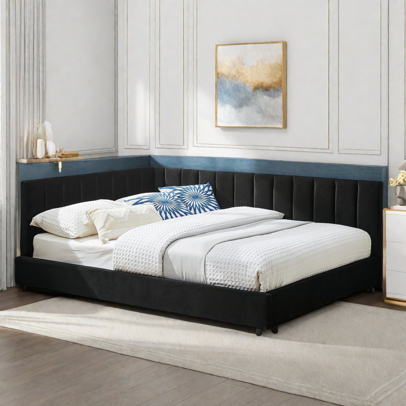 Upholstered Daybed With Comfortable Backrest And Armrests, Vertical Striped Design, Black