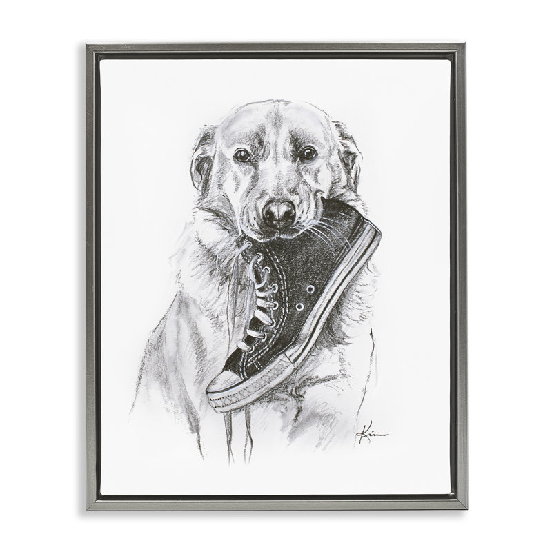 Cadre flottant Golden Retriever Biting Sneaker, design par Lindsay Kivi Fine Art, H 31 po x l 25 po