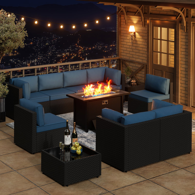  11-Piece Outdoor Furniture Wicker Patio Set with Fire Pit Table, Black, Navy