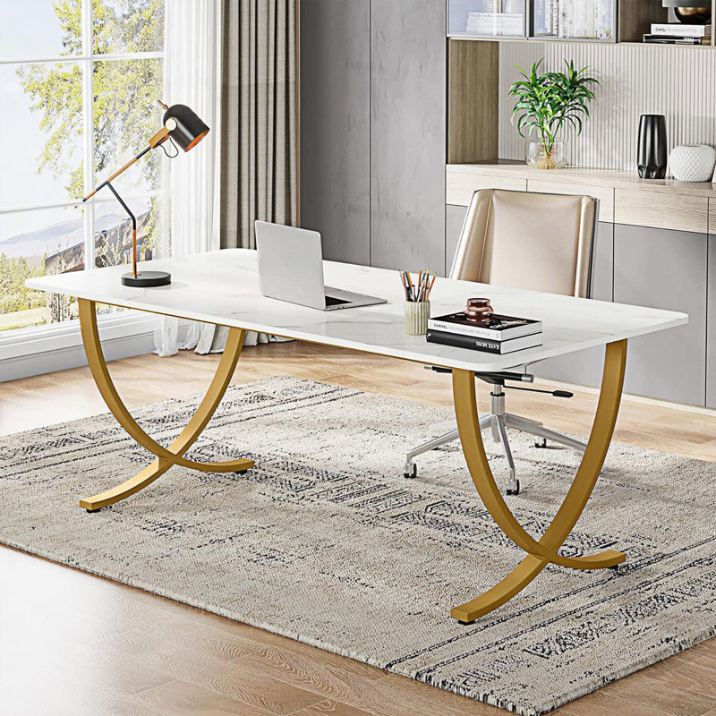 Executive Office Desk, Modern Computer Desk With Faux Marble Tabletop