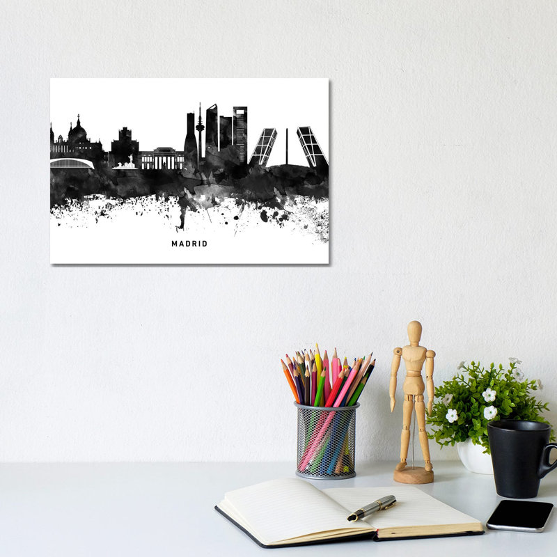 Madrid Skyline Black & White 1 Piece Wrapped Canvas Wall Art, 20.32cm H x 30.48cm W x 1.91cm D