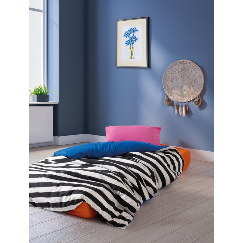 Ensemble de housse de courtepointe Luxury Ranforce XXL, 61 x 87, 100% coton, bleu / blanc / noir | Lavable à la machine, housse de couette et enveloppe à fermeture boutonnée à 145 fils au pouce carré (1 pièce) | Literie douce et élégante pour le confort