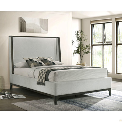 1Pc Queen Size Upholstered Wingback Design Bed Gray Wooden Trim Premium Fabric Bedroom Furniture