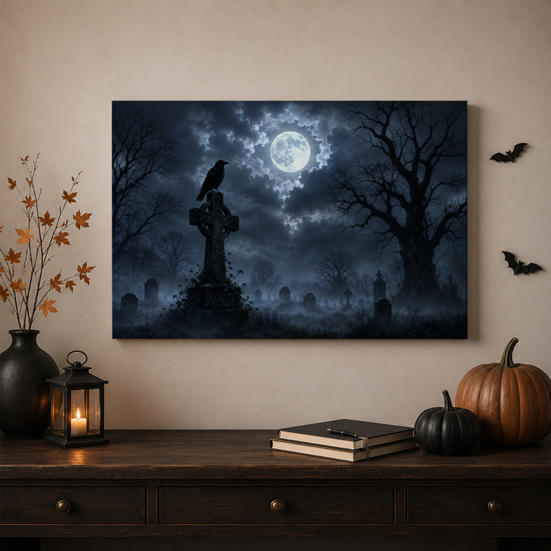 Corbeau perché sur une croix celtique sous la pleine lune, art mural d'Halloween, H 12 po x l 18 po