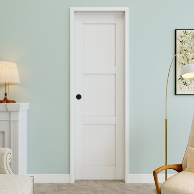 Porte pré-suspendue à 3 panneaux 28 po x 96 po avec bouton rond et charnières noires, dalle de porte unie, peignable et imperméable, combinaison pour la lessive, portes de placard, portes de pièce, main gauche