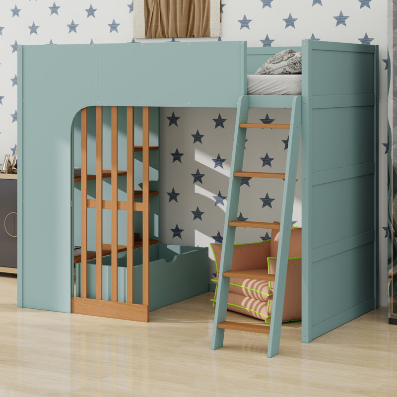 Lit mezzanine avec échelle et tablettes de rangement pratiques, Twin, Vert menthe + chêne naturel