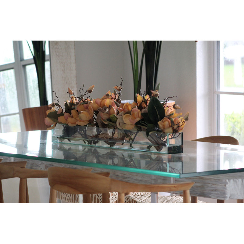 Glass Plate Magnolia Floral Arrangement And Centerpiece In Planter, Peach, 8" H x 36" W x 4" D