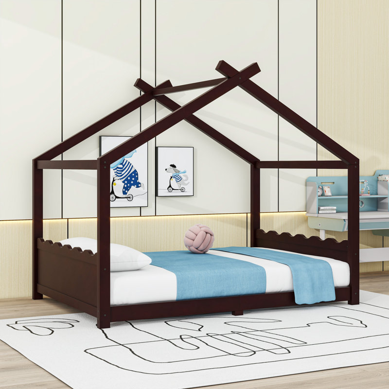 Wood House Floor Bed With Slats, Full, Espresso