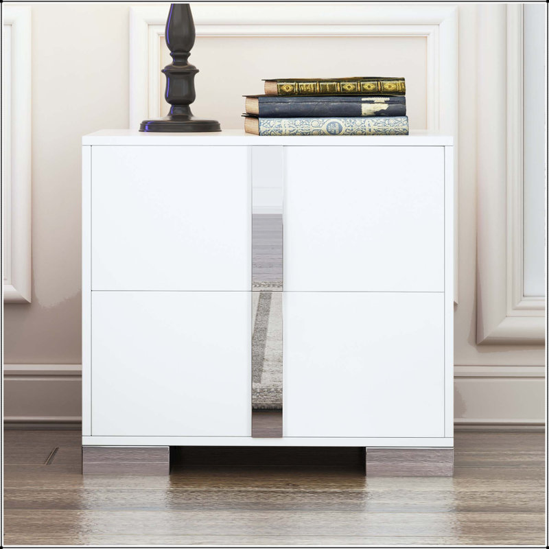 Table de chevet à miroir haute brillance avec 2 tiroirs et pieds en métal - Blanc, White