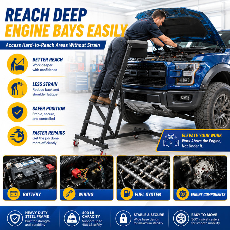 Tapis roulant professionnel réglable pour réparation de moteur de camion, hauteur de 44 à 66 po, capacité supérieure de 400 lb, pliable avec plateau à outils, noir