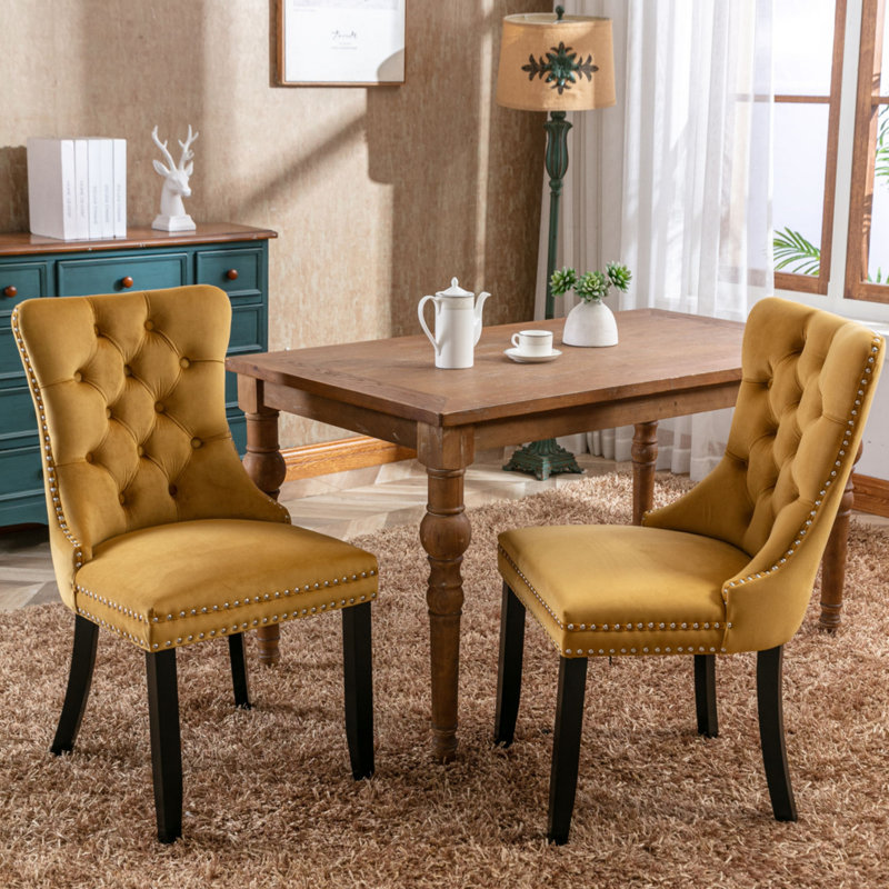 Allena Tufted Chairs Upholstered Chairs with Solid Wood Frame Nailhead Back and Ring Pull Trim , Velvet Gold, Black, 2
