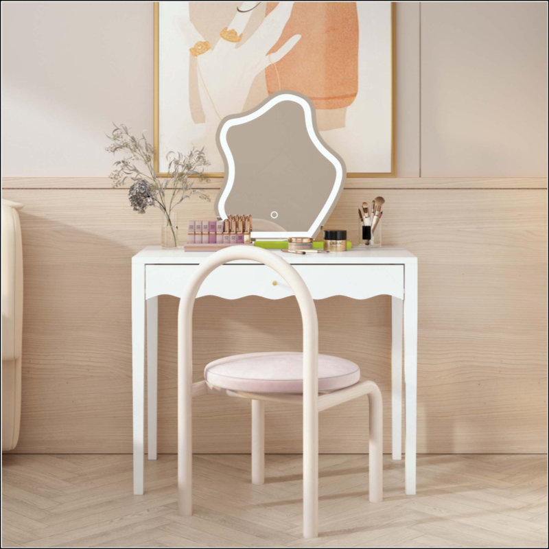 Bureau de meuble-lavabo avec tiroir - table de maquillage moderne avec façade festonnée et poignée dorée, bureau d'écriture compact avec 4 pieds robustes pour la chambre à coucher, petit bureau à domicile et appartement, sans miroir inclus