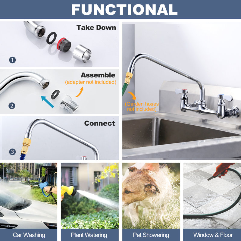12" 2-Handle Wall Mounted Commercial Standard Kitchen Faucet with Swivel Spout In Chrome