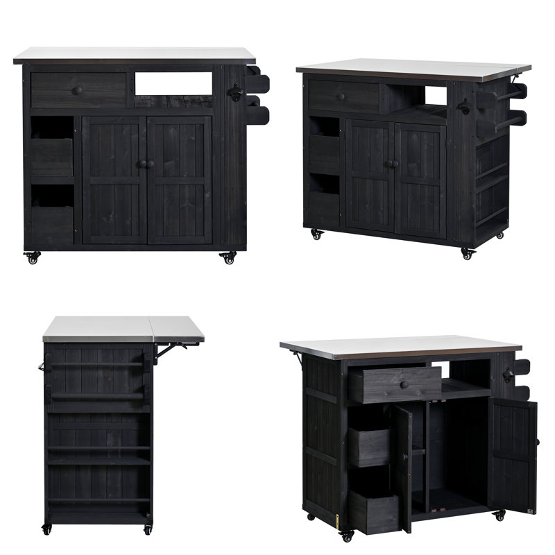 41.9" Wide Outdoor Kitchen Island With Extendable Stainless Steel Top - 19.3" To 28" Deep BBQ Prep Table - Solid Fir Wood Grill Cart With Propane Tank Storage - Black