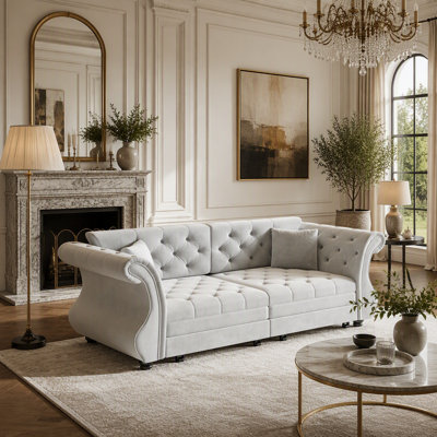 Canapé-lit Chesterfield surdimensionné de 213 cm (83,8 po), canapé classique en velours à accoudoirs arrondis et capitonnage floral, revêtement pour salon/chambre/appartement, gris pâle