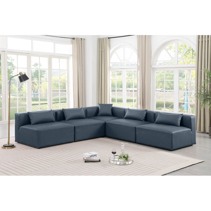 Canapé modulaire en similicuir 5 pièces Ivion, Cuir végétalien bleu marine