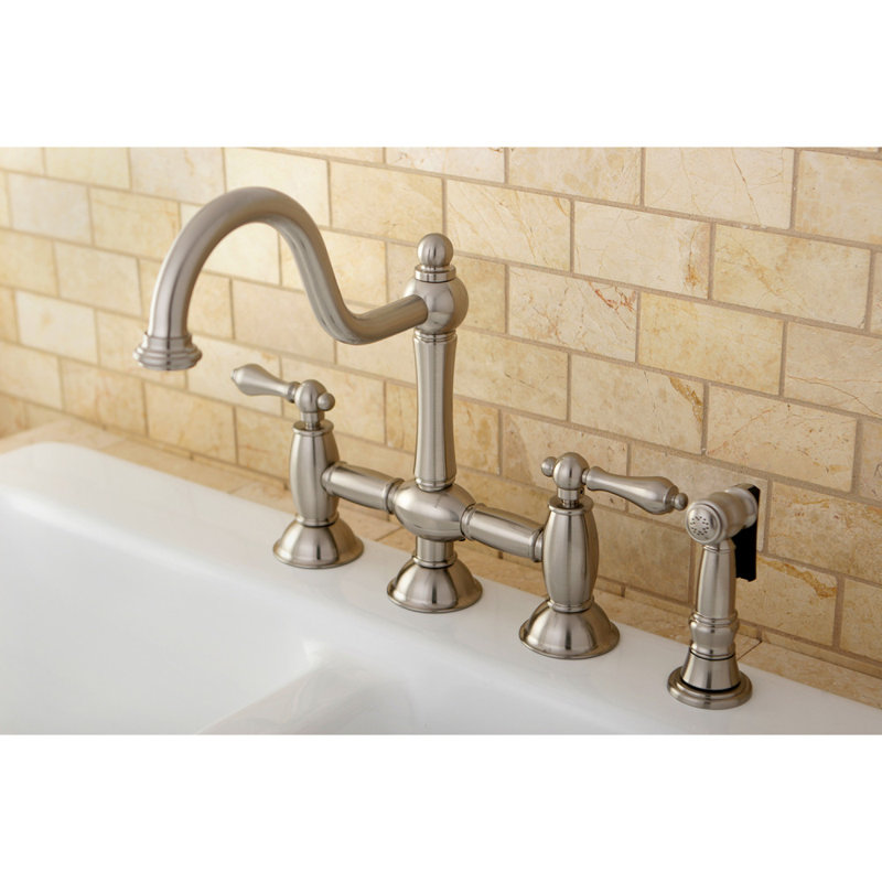 Kingston Brass Restoration Two-Handle 4-Hole Deck Mount Bridge Kitchen Faucet with Brass Side Sprayer, Brushed Nickel