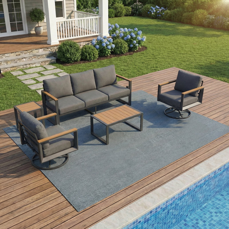 Ensemble de mobilier d'extérieur en aluminium 5 pièces, 2 chaises berçantes pivotantes, banc à 3 places, table basse et table d'appoint, ensemble de conversation modulaire avec coussins épais