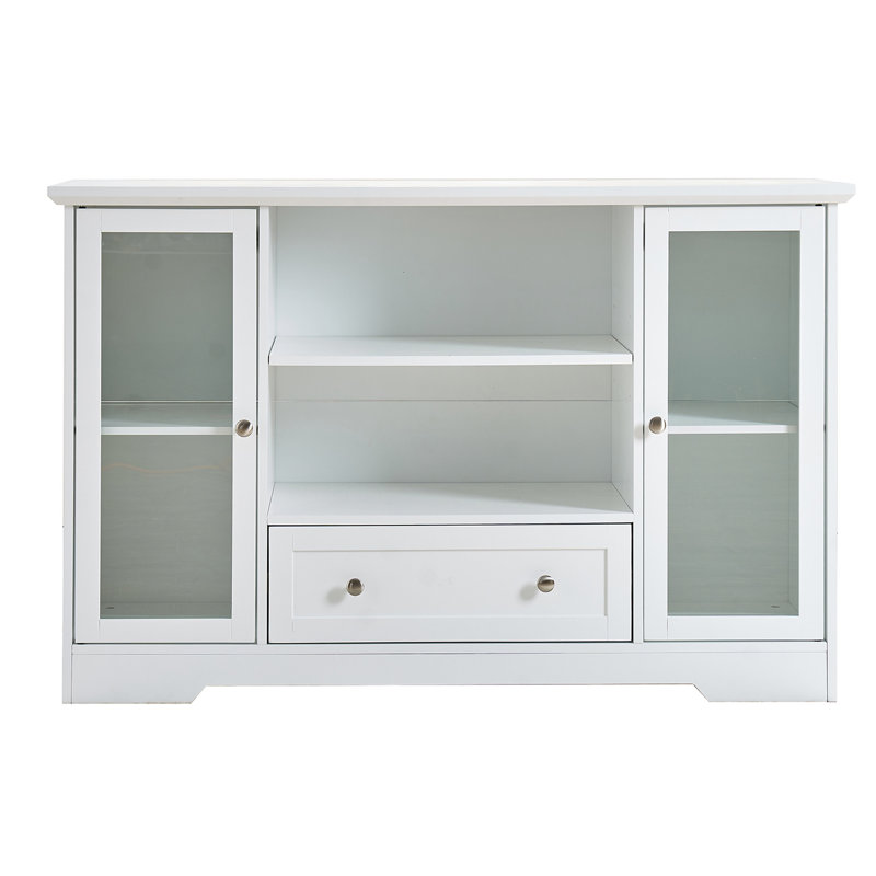 White 51" Sideboard Cabinet With 2 Glass Doors And Open Shelves, Stylish Storage For Bedroom Multi-Functional Drawers, Adjustable Ideal Kitchen Study