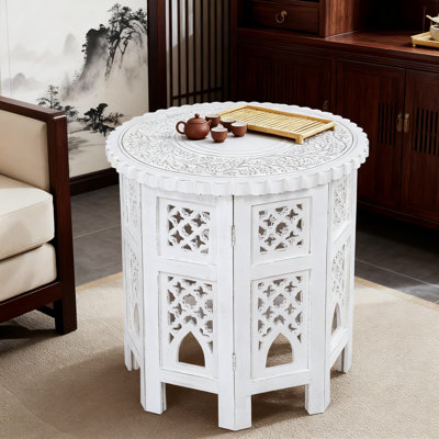Table d'appoint octogonale sculptée à la main, table de bout en bois de manguier massif avec finition blanche antique, table décorative décorative pour le salon et la chambre à coucher