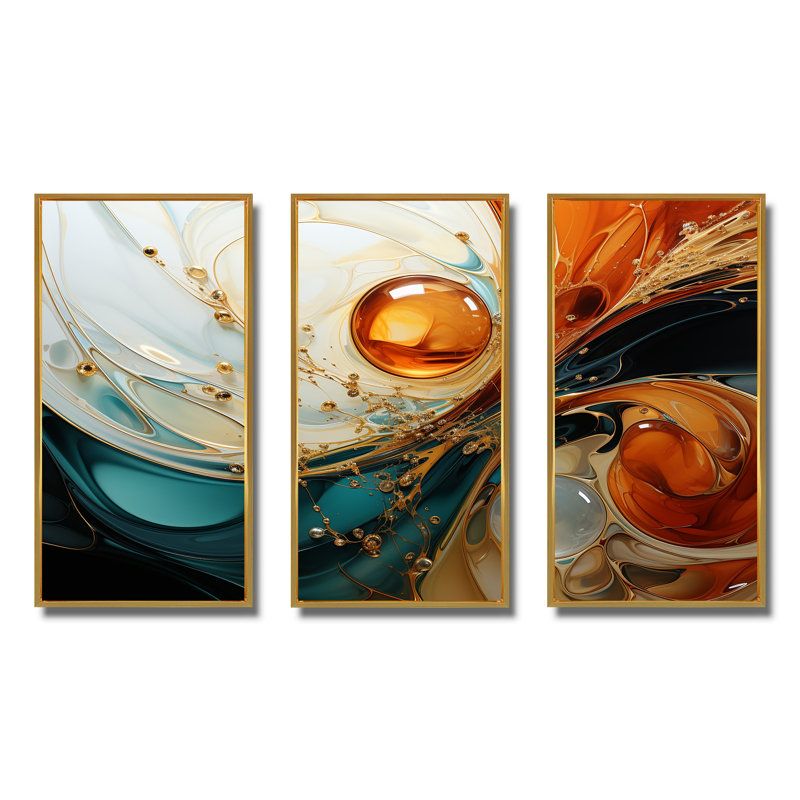 Planète vagues orange et or III - art mural abstrait, Cadre flottant doré, H 32 po x l 48 po x P 1 po