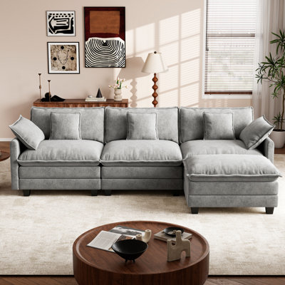 George 111.5" Modern 4 Seat Chenille L Shaped Modular Sectional Sofa With Ottoman