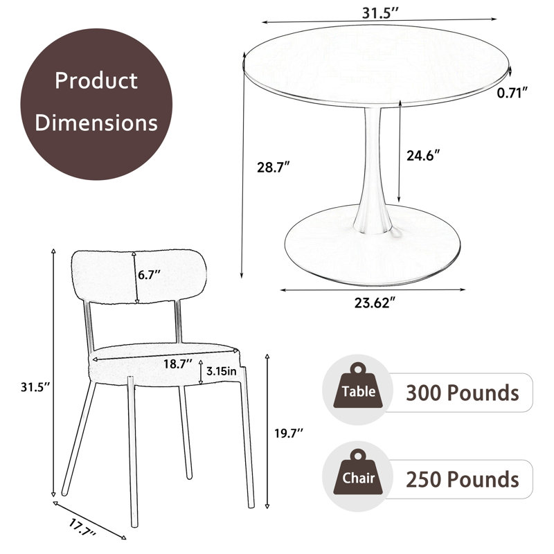 3 Piece Dining Room Round Table and Teddy Chairs Set, White, White