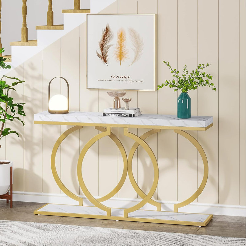 Console moderne 55,11 po en simili marbre blanc et doré pour canapé d'entrée, salon et salon