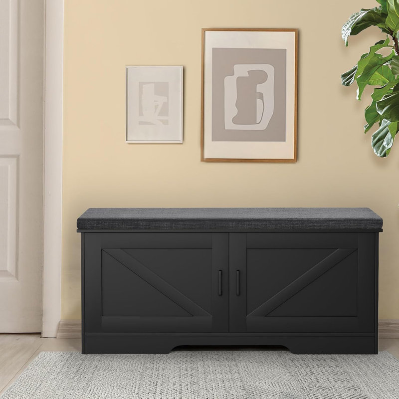 2-Tier Entryway Shoe Storage Bench With Padded Seat, Barn Doors, And Adjustable Shelf, Black