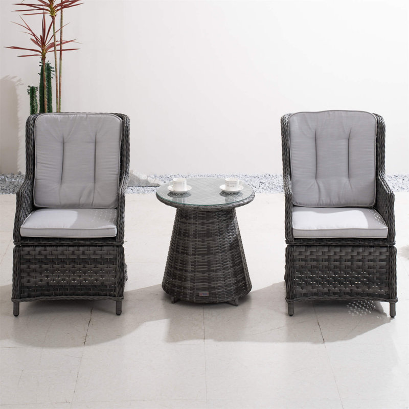 Ensemble bistro d'extérieur avec table ronde en osier et chaises rembourrées Abrihome, Gris, 2