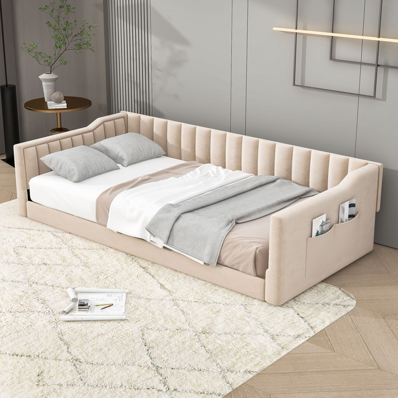 Lit de jour rembourré avec poches de rangement latérales pour les salons et les chambres d'amis, Beige, Très grand simple