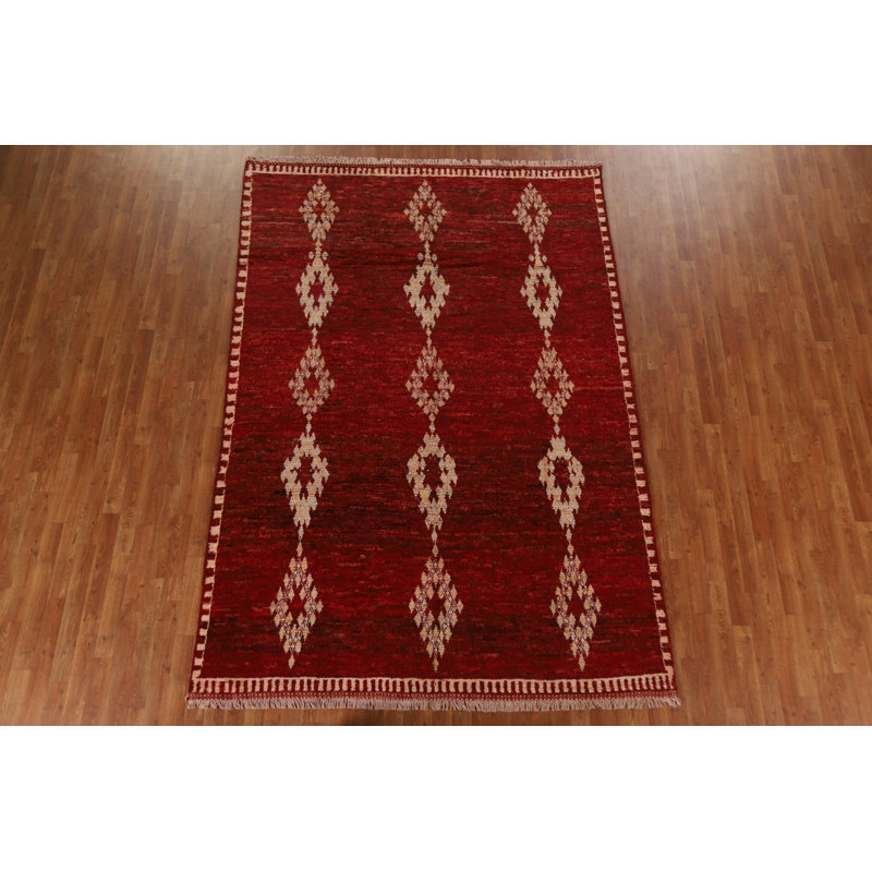Tapis rouge / beige en laine noué à la main de conception unique 6 pi 9 po x 9 pi 9 po New Age