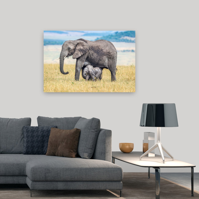 Elephant Mother And Calf Peaceful Contemporary Elephant Nature Wildlife Wall Art Print, 81.28cm H x 121.92cm W