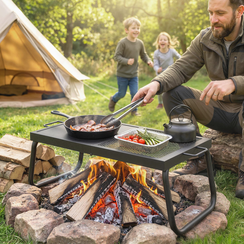 Gril de feu de camp pliant, grille de camping avec sac de transport, noir