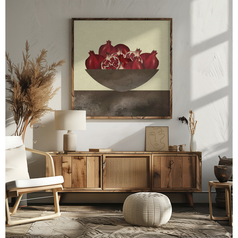 Red Pomegranates Still Life by Josie George — Still Life Wall Art, 12 × 12, Matted Framed Print, Tan