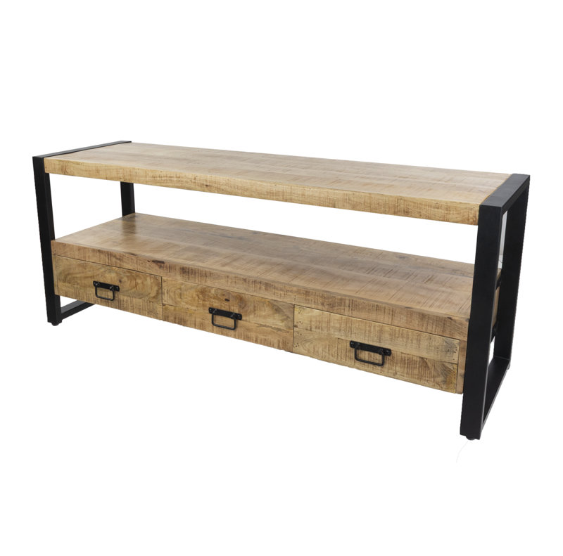 60" Solid Mango Wood Industrial TV Stand with Storage Drawers, 24"H x 60"L x 18"W