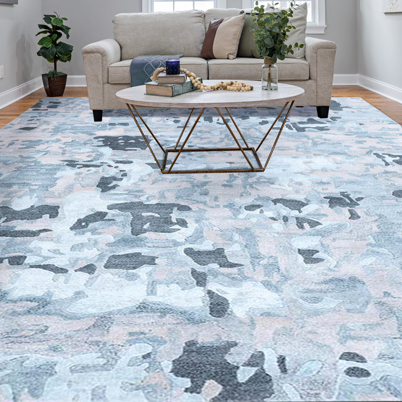 Abstract Area Rug in Turquoise/Ivory, Rectangle 8' x 10'