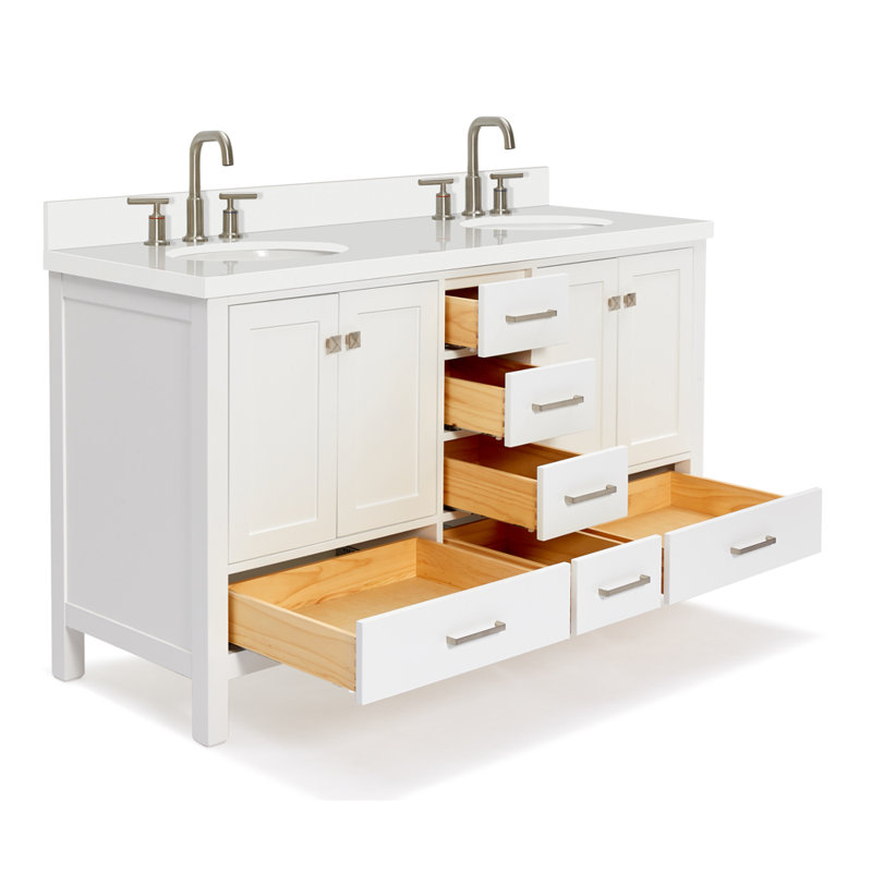 Coiffeuse Cambridge en blanc avec comptoir en quartz blanc avec lavabo, Blanc / nickel brossé