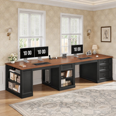 94.5'' 2 Person Computer Desk with File Drawer, Double Desk with Power Strip, Home Office Desk With Open Storage Shelves, Long Writing Desk, Black