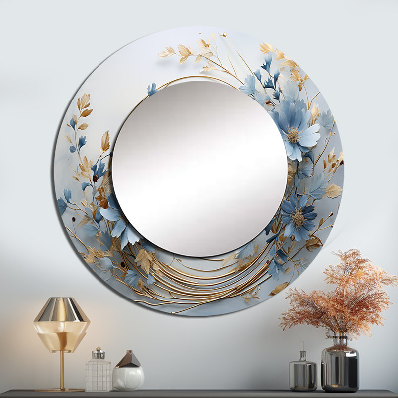 Couronne de fleurs bleue et dorée - miroir mural couronne, miroir décoratif rond beige, impression d'art en métal