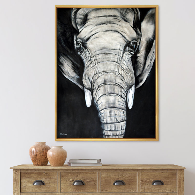 Le portrait d'un éléphant d'Afrique - Peinture sur toile, H 40 po x l 30 po x 1,5 po, Cadre flottant doré