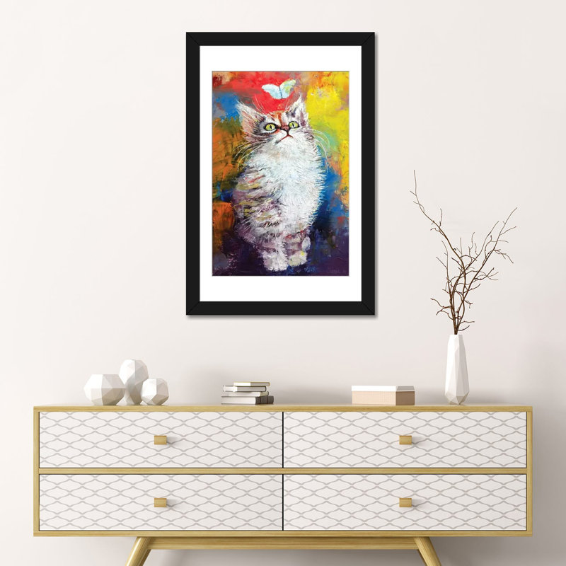 «Kitten and Butterfly», reproduction d'art sur toile, H 24 po x l 16 po x P 1 po, Papier d'art encadré noir, Blanc